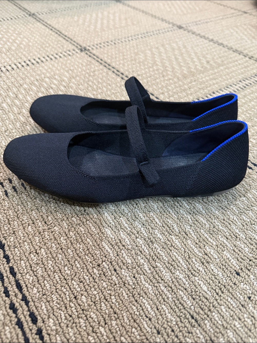 Rothy's Black Knit Mary Jane Flats with Blue Trim
